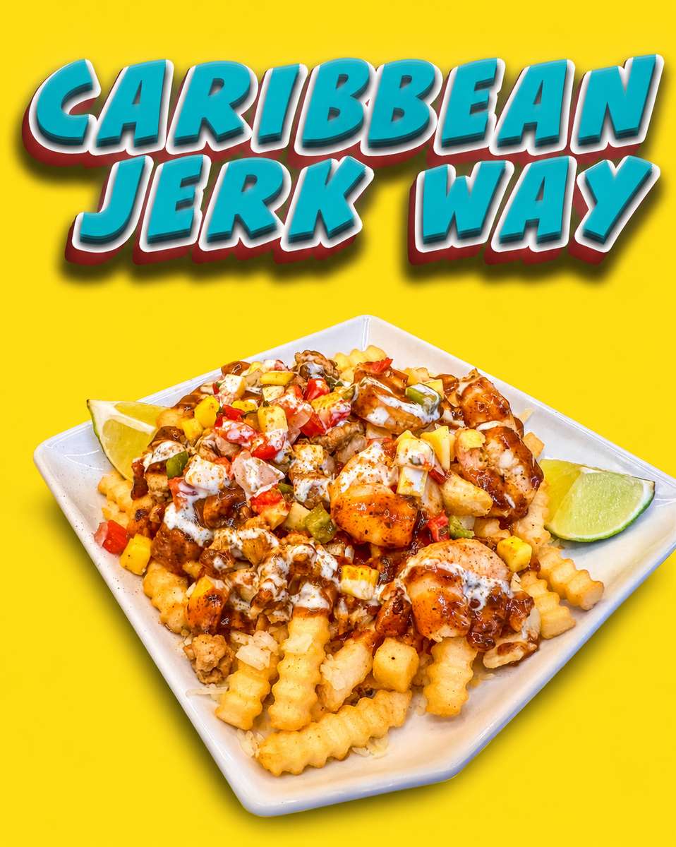 Yellow graphic with a title banner above a white plate of loaded fries topped with sauce and garnish
