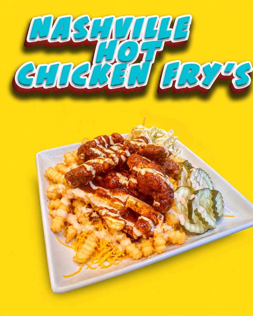 Yellow graphic with a title banner above a white plate of loaded fries