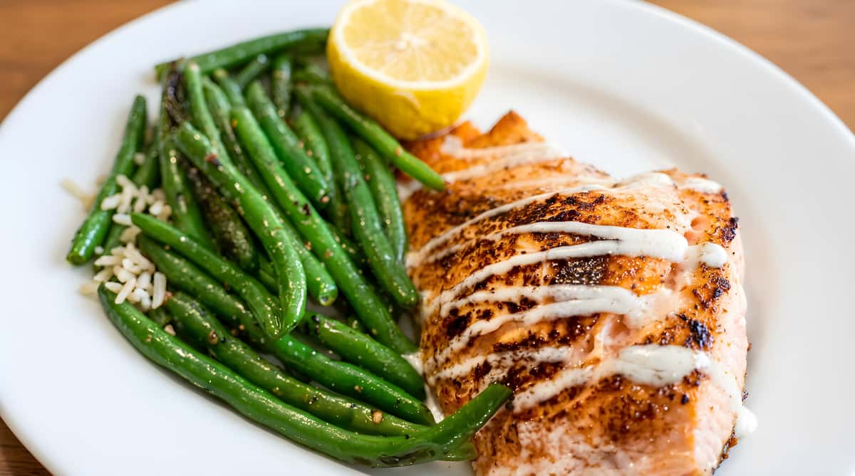 Pan-seared salmon with white drizzle, green beans, and a lemon half on a white plate.