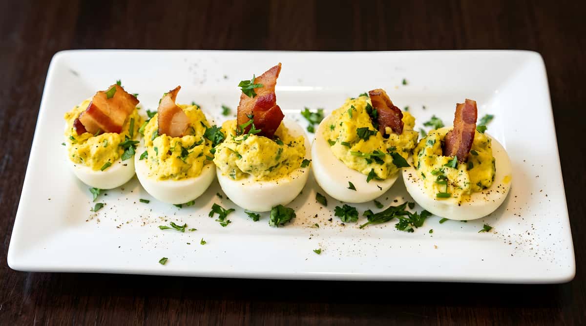 Four deviled eggs on a white rectangular plate, topped with avocado, crispy bacon, and parsley.
