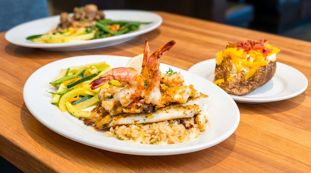 Grilled fish and shrimp over rice with zucchini ribbons and a lemon wedge.