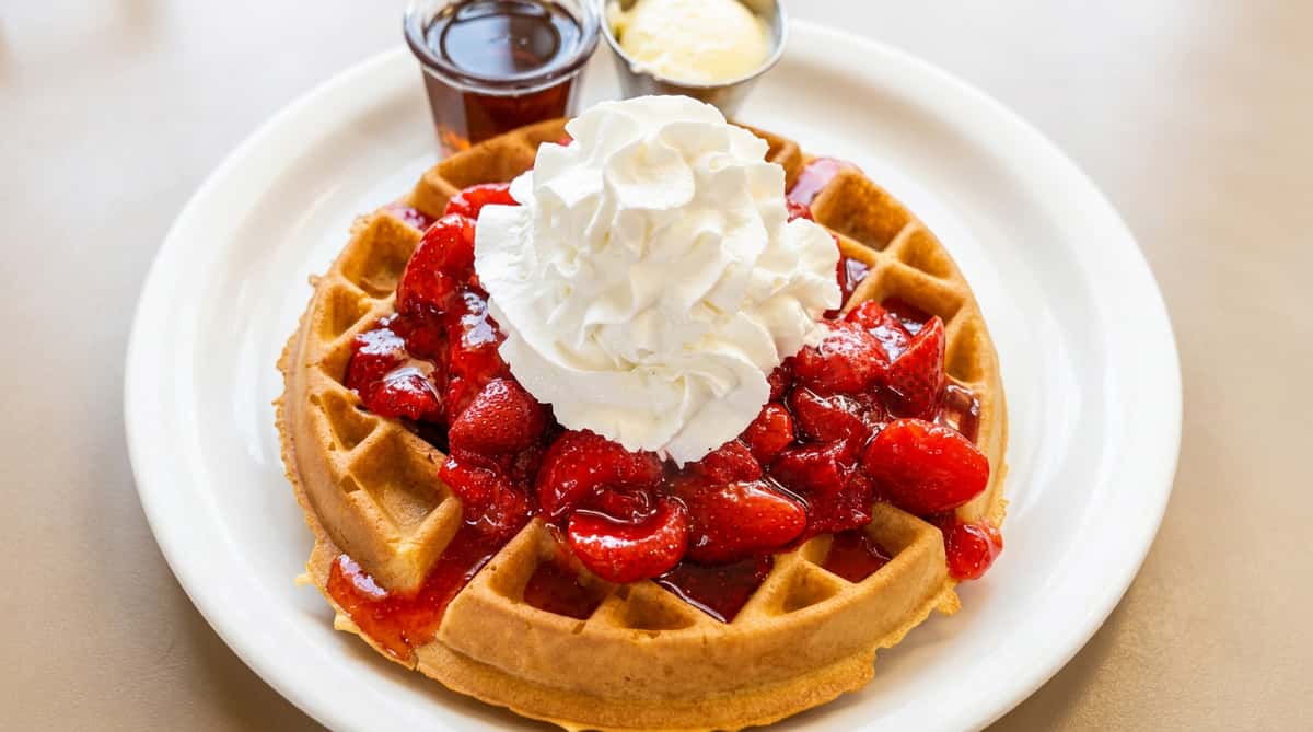 Golden-brown waffle topped with whipped cream and glazed strawberries.