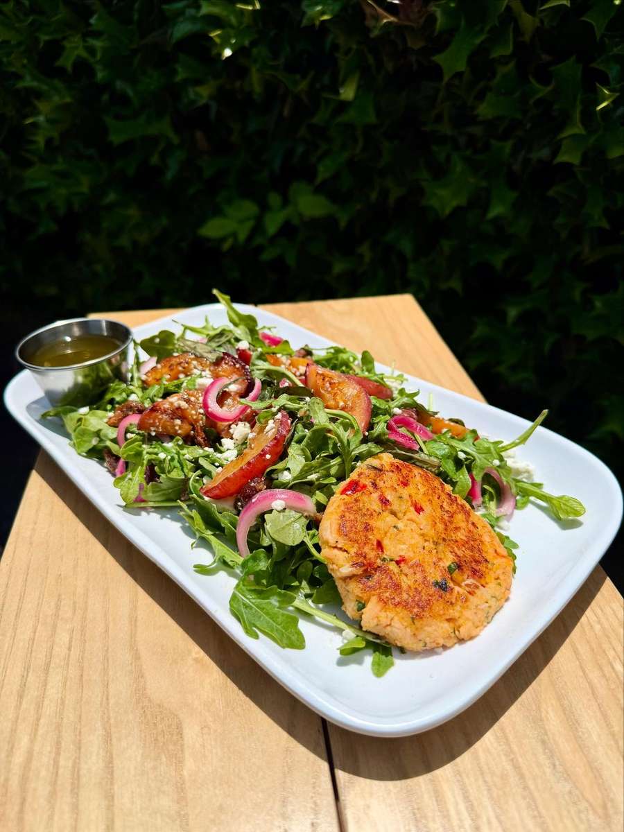 Grilled Peach Salad with Salmon Croquette