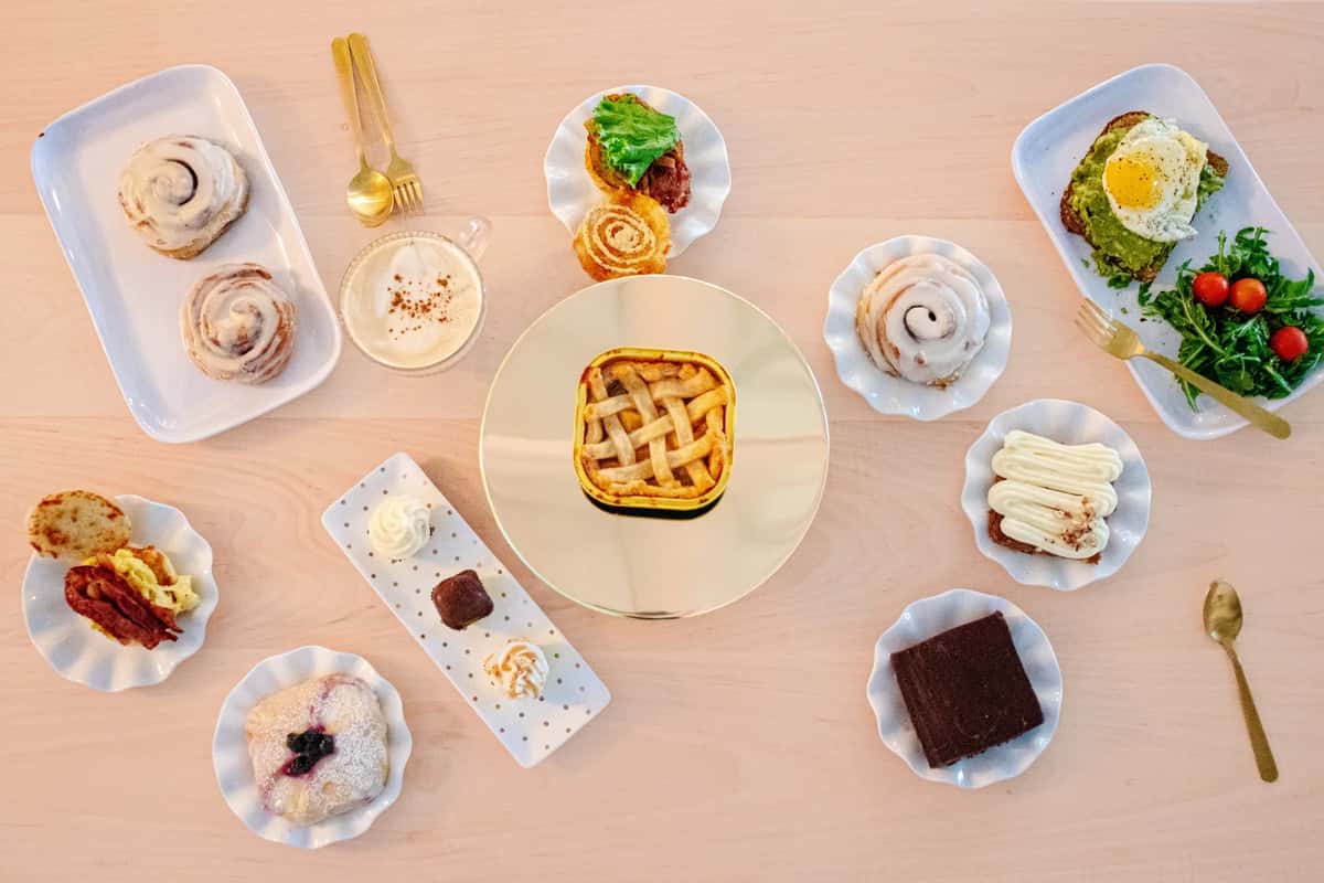 aerial view of assorted pastries on table
