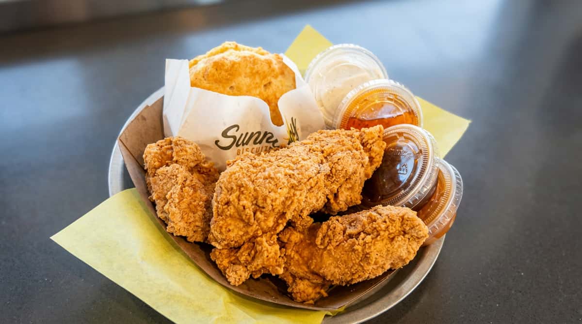 Fried chicken tenders with a biscuit in Sunrae Biscuit wrapping and three condiment cups.