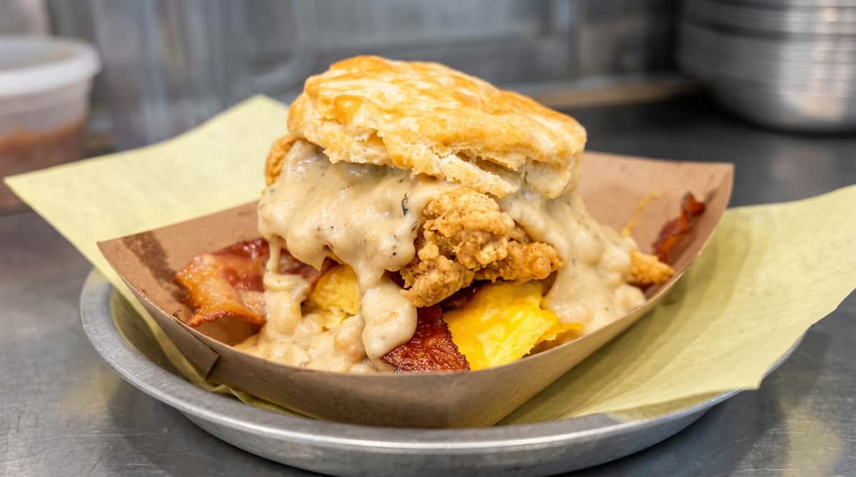 Biscuit sandwich with fried chicken, gravy, scrambled eggs, and bacon in a paper tray.