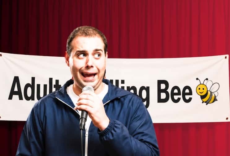 man spelling at adult spelling bee