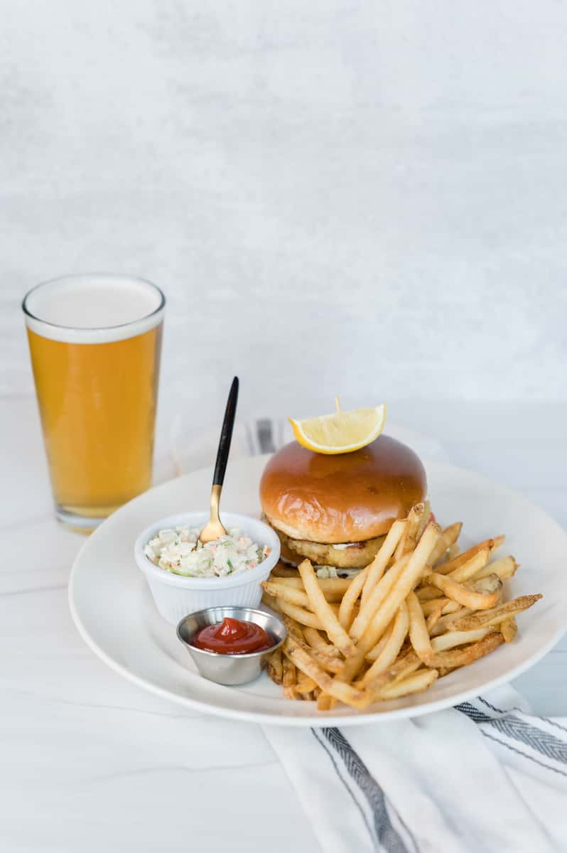 crab cake sandwich and beer