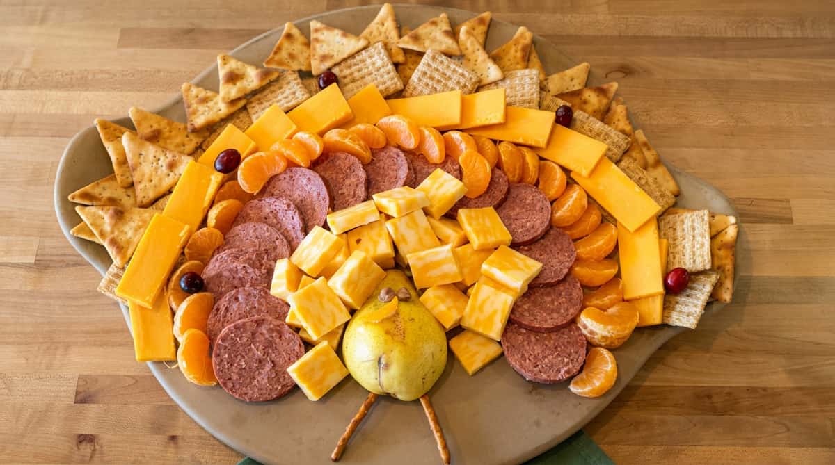 Turkey-shaped charcuterie board with a pear head, salami slices, cheddar, cracker medley, and mandarin oranges.