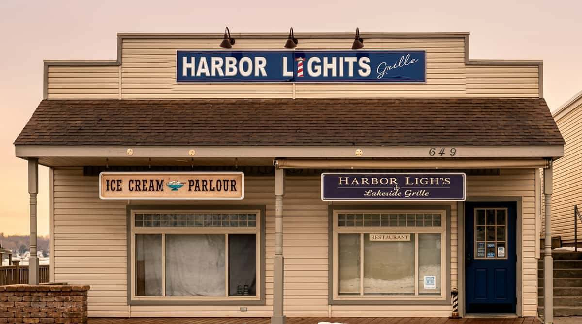 Exterior of a business with "Harbor Lights Grille" and "Ice Cream Parlour" signs on light-colored siding.