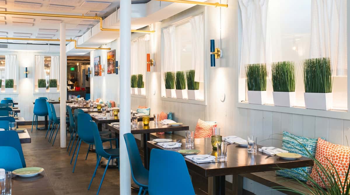 Restaurant dining room with tables set, blue chairs, bench seating, and windows with grass planters and colorful wall sconces