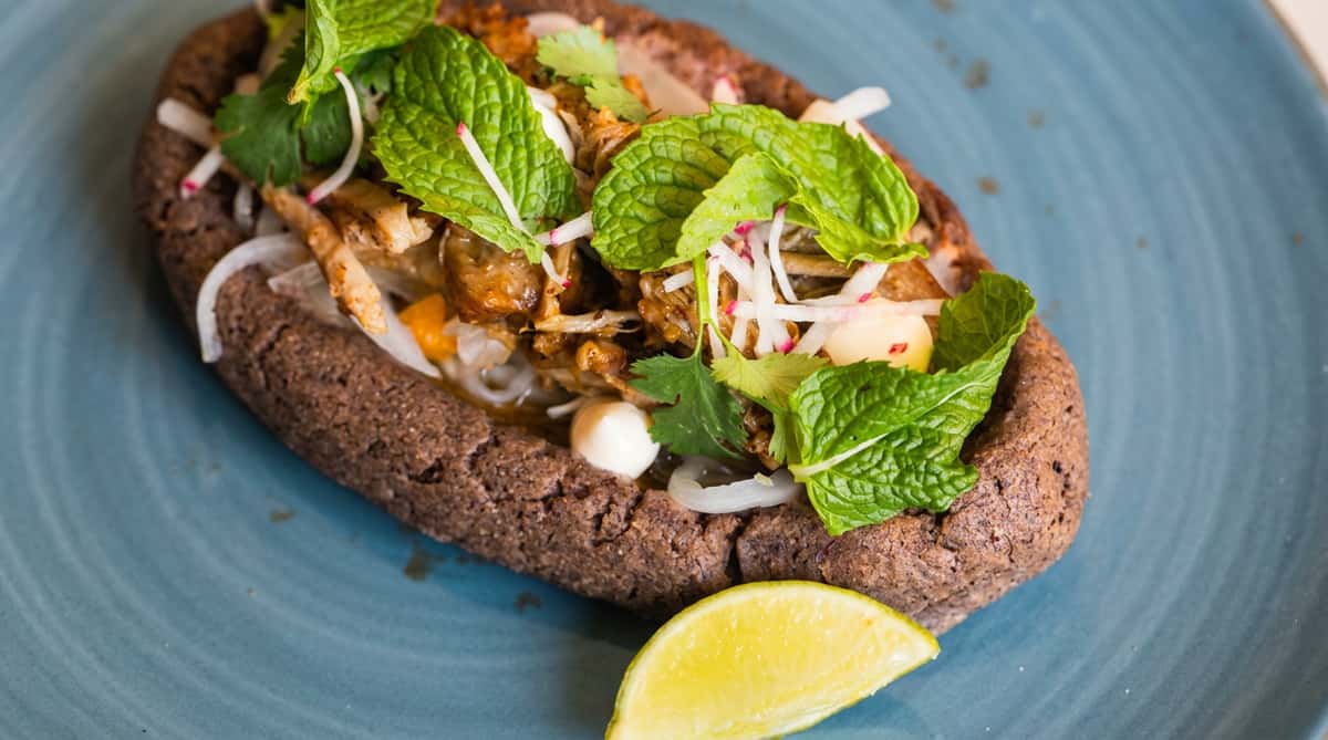 Dark masa base topped with shredded meat, white onions, mint, cilantro, radish, and crema, with a lime wedge.