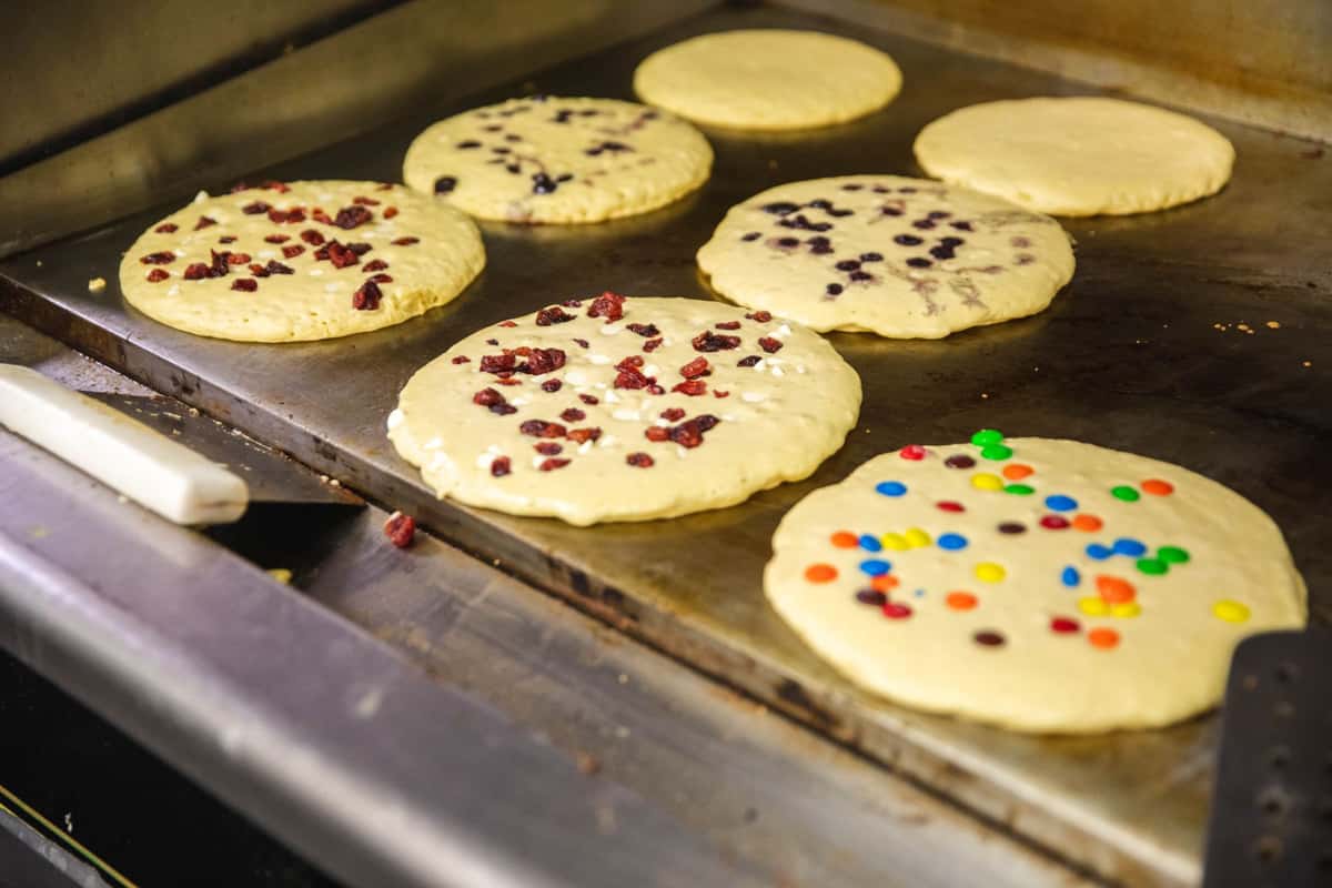 Pancakes on the griddle at Michael's Bridge Diner