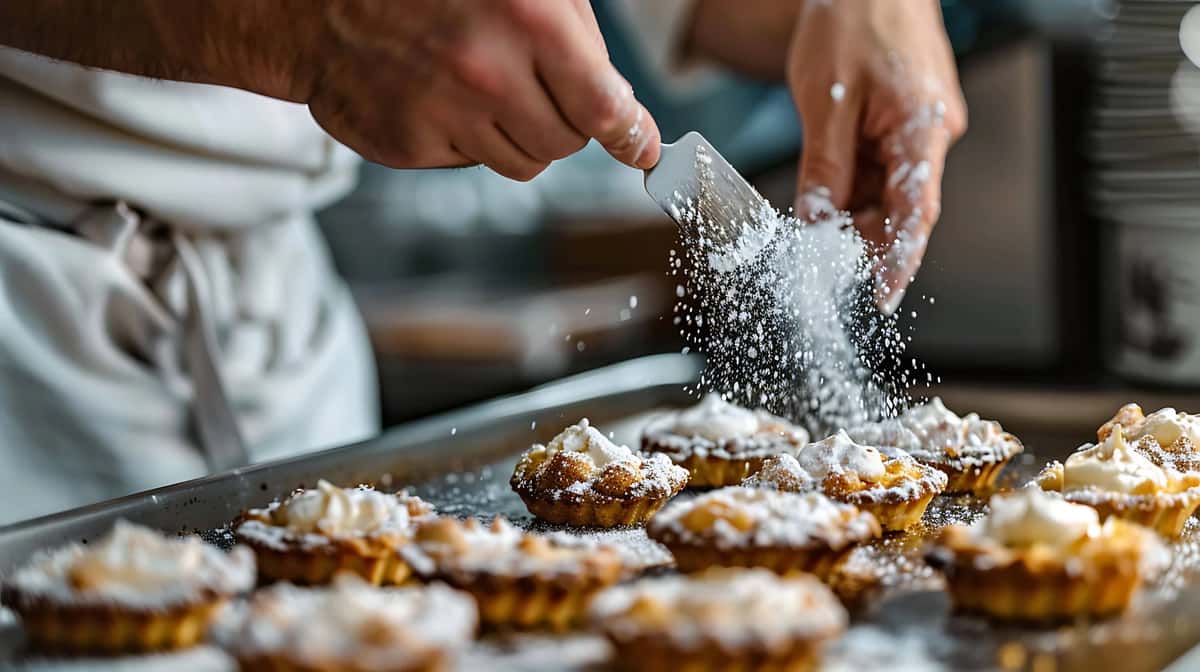 Chef dusting powdered sugar over freshly baked mini fruit tarts on a bakery tray, showcasing golden pastry crusts and delicate whipped cream in a professional kitchen setting, highlighting artisanal dessert preparation and gourmet café ambiance.