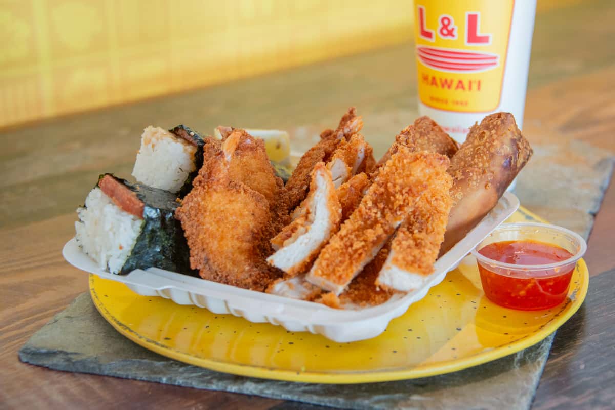 Pupu platter with katsu chicken, spam musubi and fried shrimp