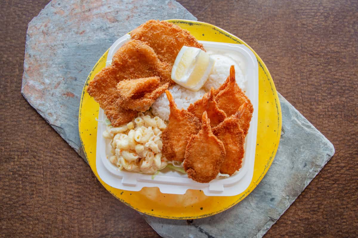 Fried fish and shrimp combo plate with rice and macaroni salad