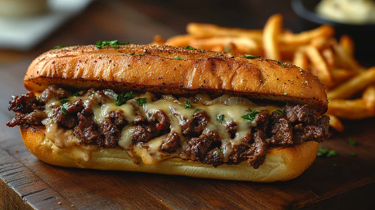 Philly cheesesteak sandwich with fries