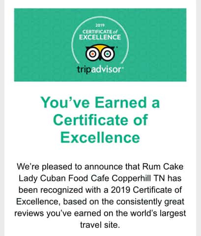 Trip Advisor's Certificate of Excellence