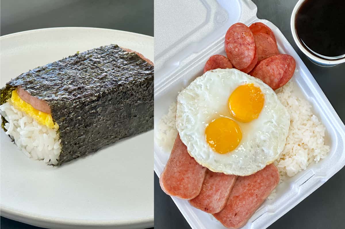 Breakfast musubi & Breakfast plate with Spam, eggs sunny side up over steamed white rice.