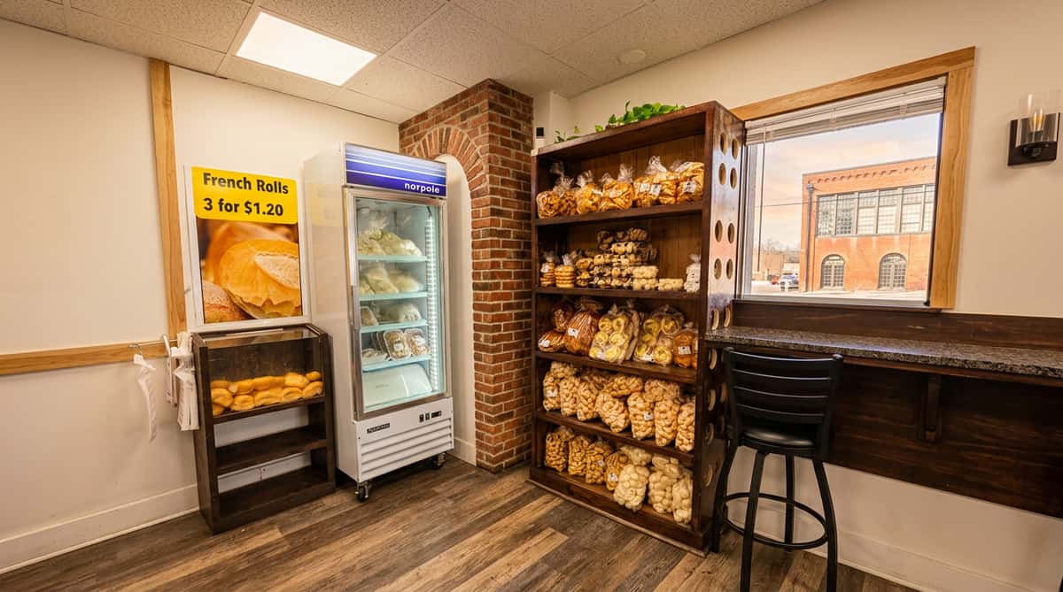 Warm and inviting bakery interior featuring fresh breads, packaged pastries, and a cozy seating area at Brazilian Family Bakery.