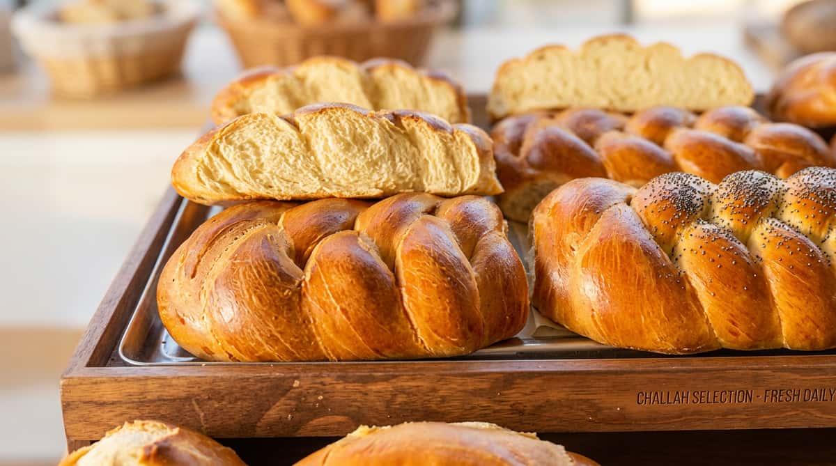 Freshly baked braided artisan breads with golden crusts displayed in the bakery, perfect for breakfast, sandwiches, or family meals.
