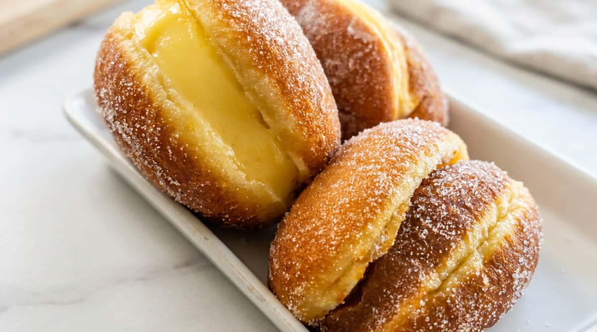 Sugar-dusted donuts with a creamy yellow filling, piled together close-up