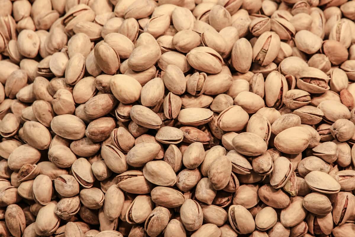 This is a close-up image showing a large pile of unshelled pistachios. The focus is on their natural beige-colored shells, with some showing the green pistachio nut peeking through the cracks.