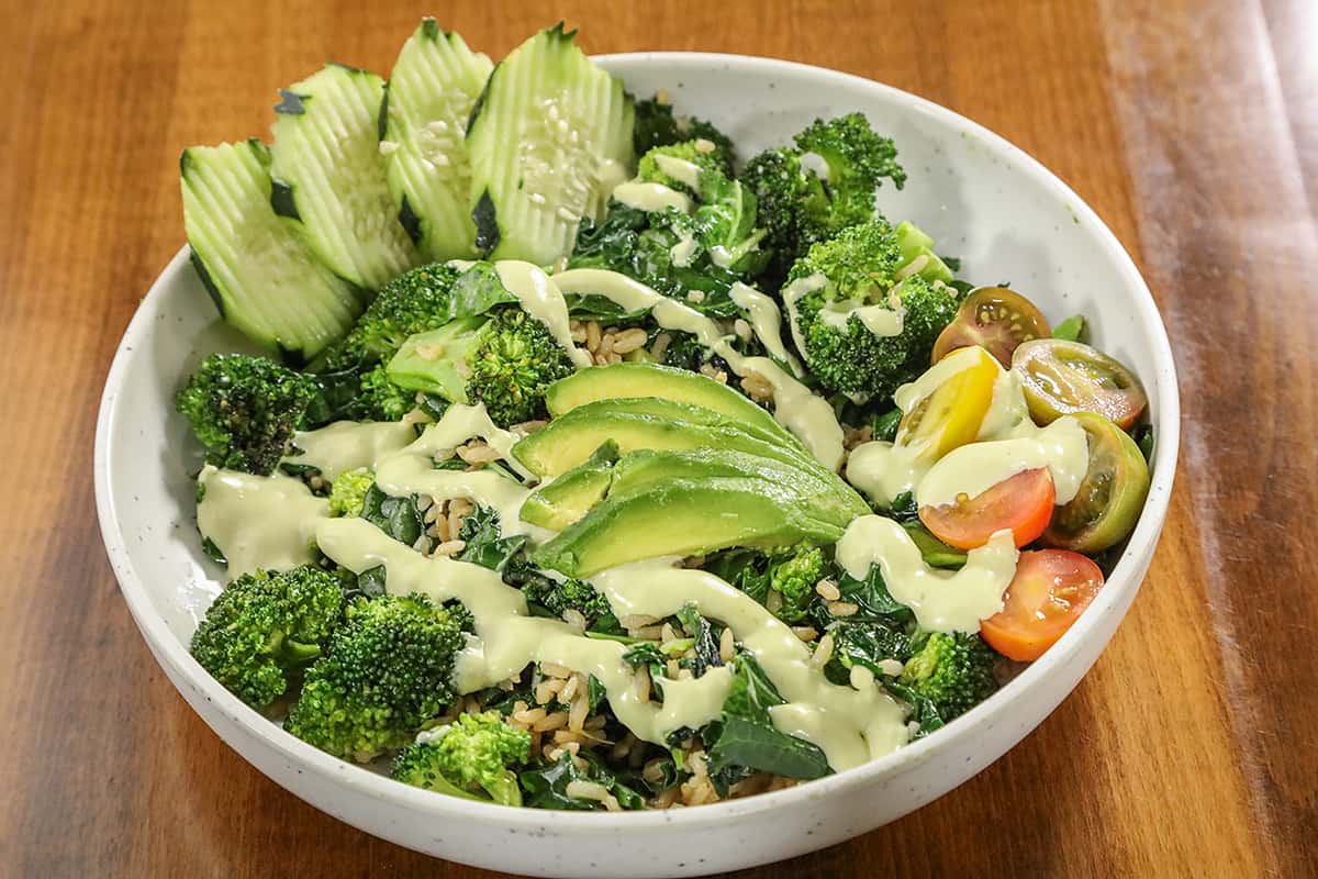 Sautéed Kale | Spinach | Broccoli | Organic Brown Rice | Fresh Avocado Cucumber | Cherry Tomatoes | House Made Sweet Wasabi Dressing
