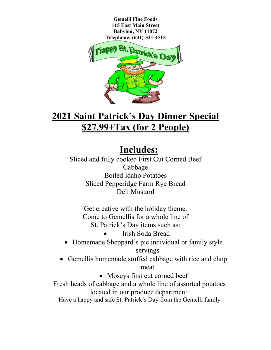 Saint Patrick's Day Dinner Special. Readable version available by clicking image.