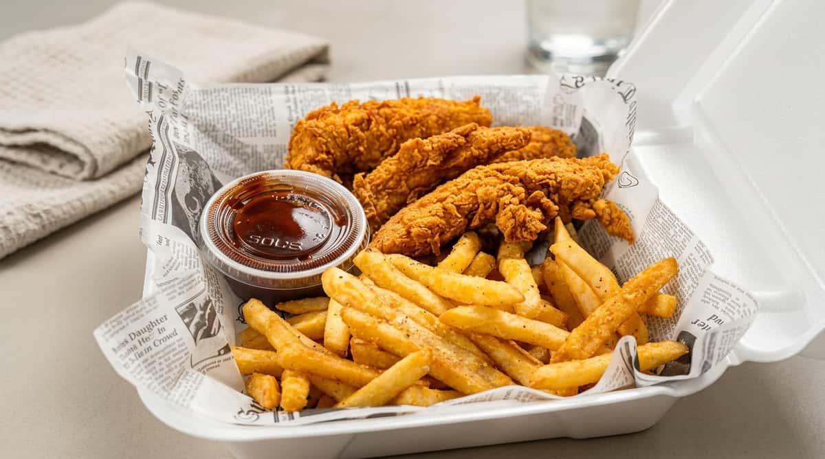 Fried chicken tenders and french fries with a side of BBQ sauce in a to-go container lined with newspaper print paper.