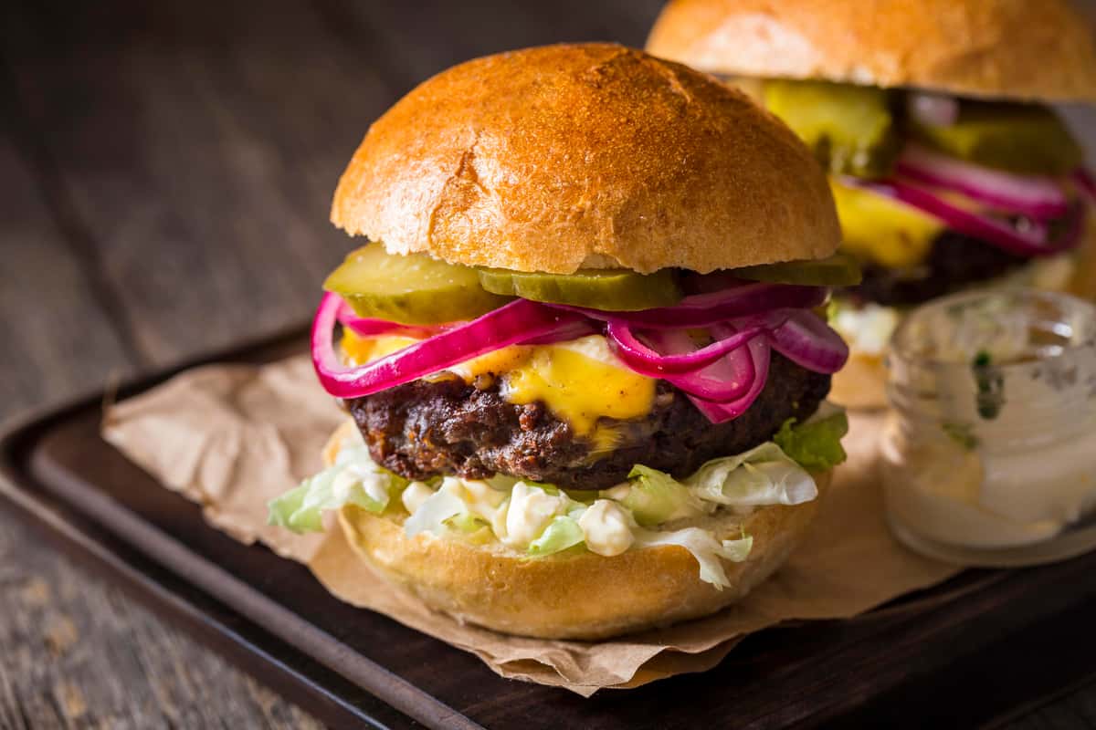 Burger with pickles and onion