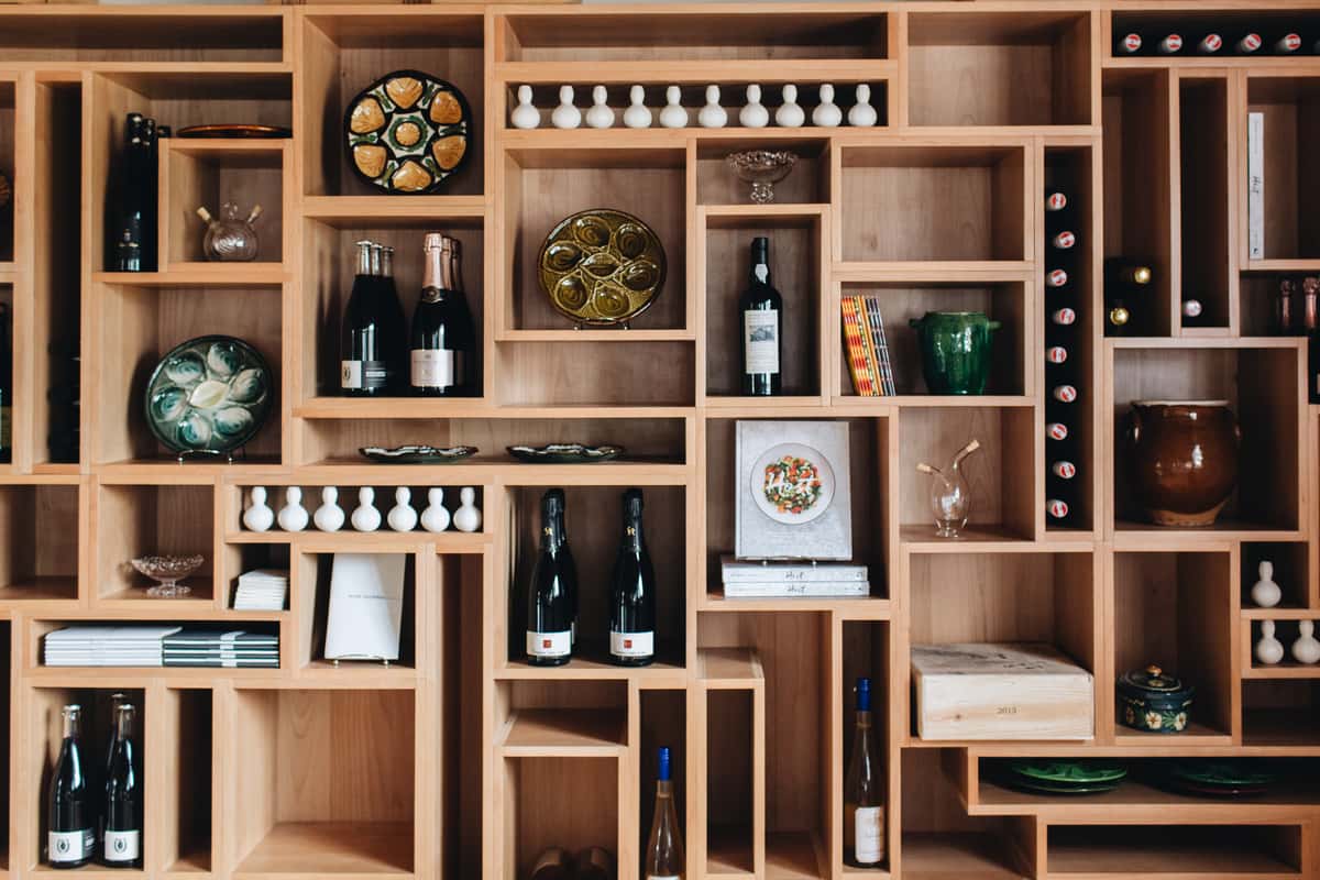 wine on wooden shelves