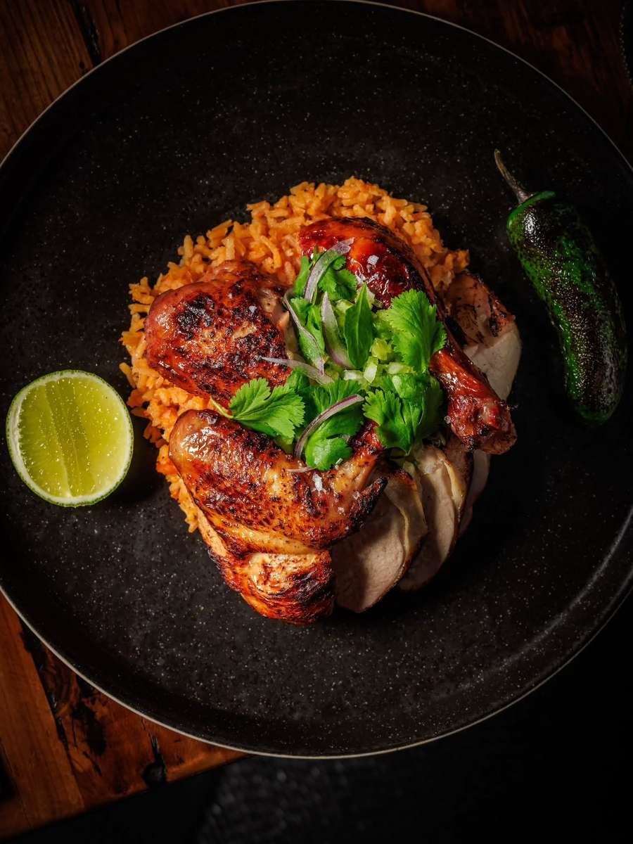 Top view meat dish with garnish