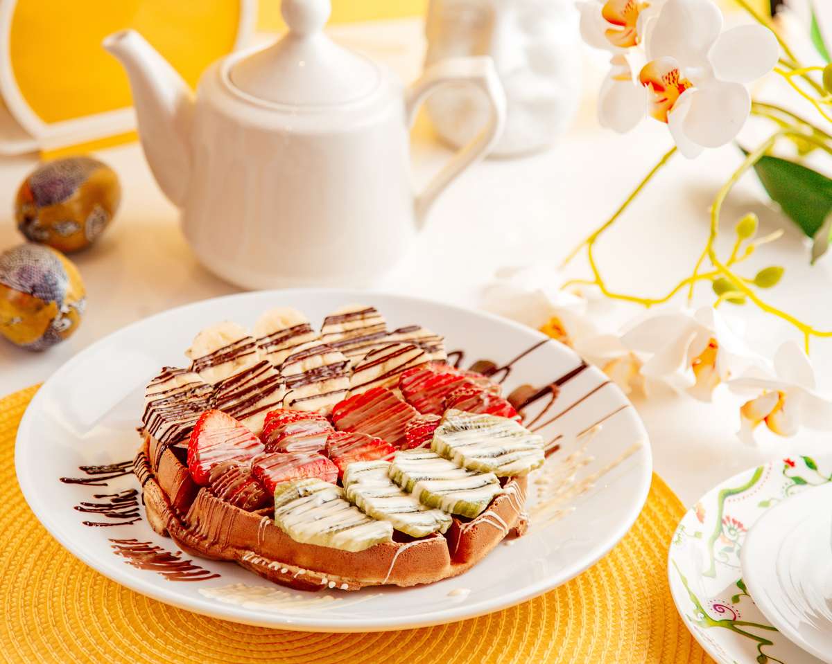 Pancake with strawberries bananas and kiwi