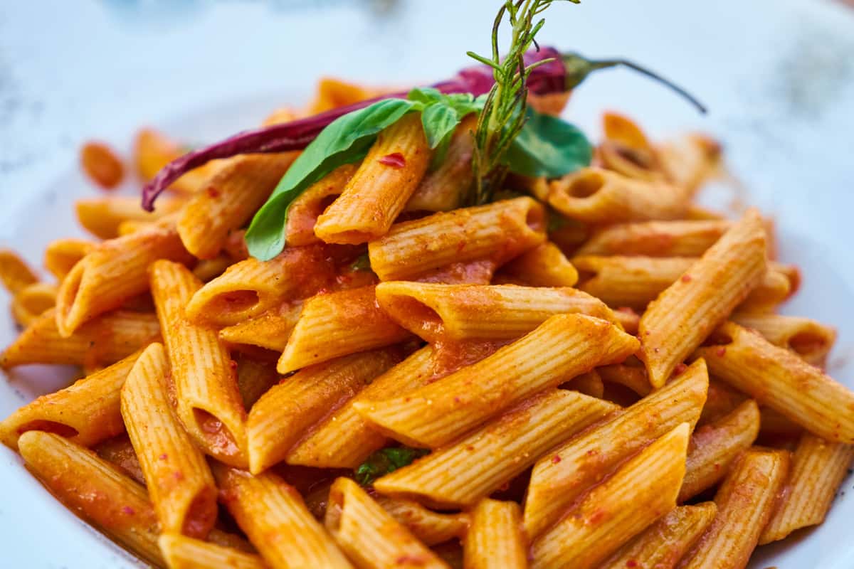 penne pasta with marinara, chili and basil