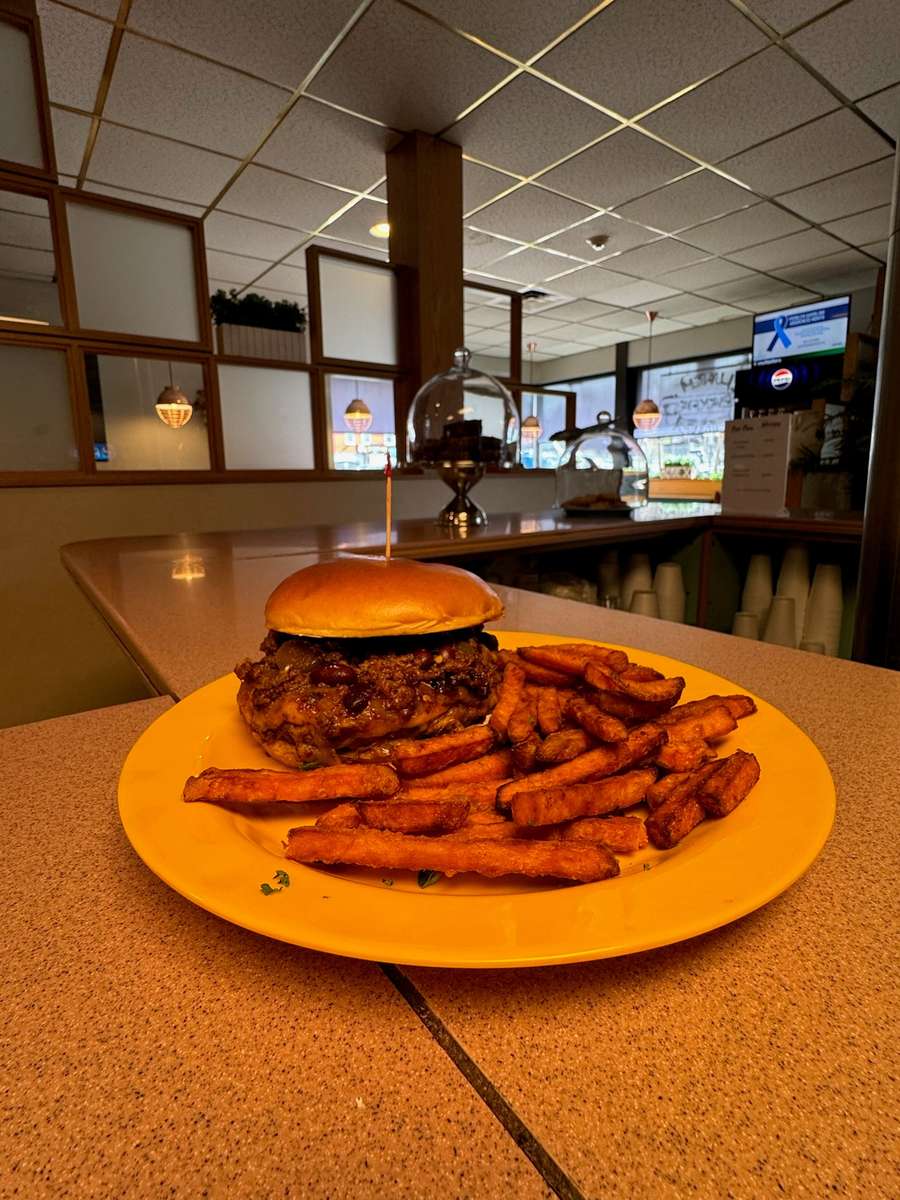 The Texas Burger on Brioche and Sweet Potato Fries