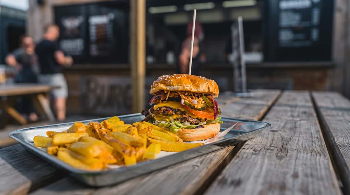 Cheeseburger with lettuce, tomato, and bacon, served with a side of french fries on a metal tray.