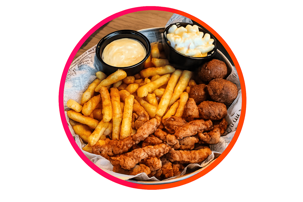 Crispy fried seafood platter featuring golden fries, hush puppies, creamy coleslaw, and house-made dipping sauce, served as a coastal comfort food favorite.