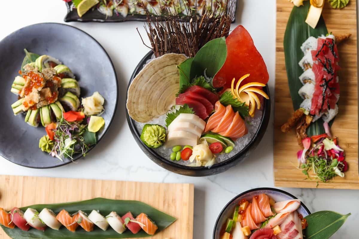 spread of sushi menu items
