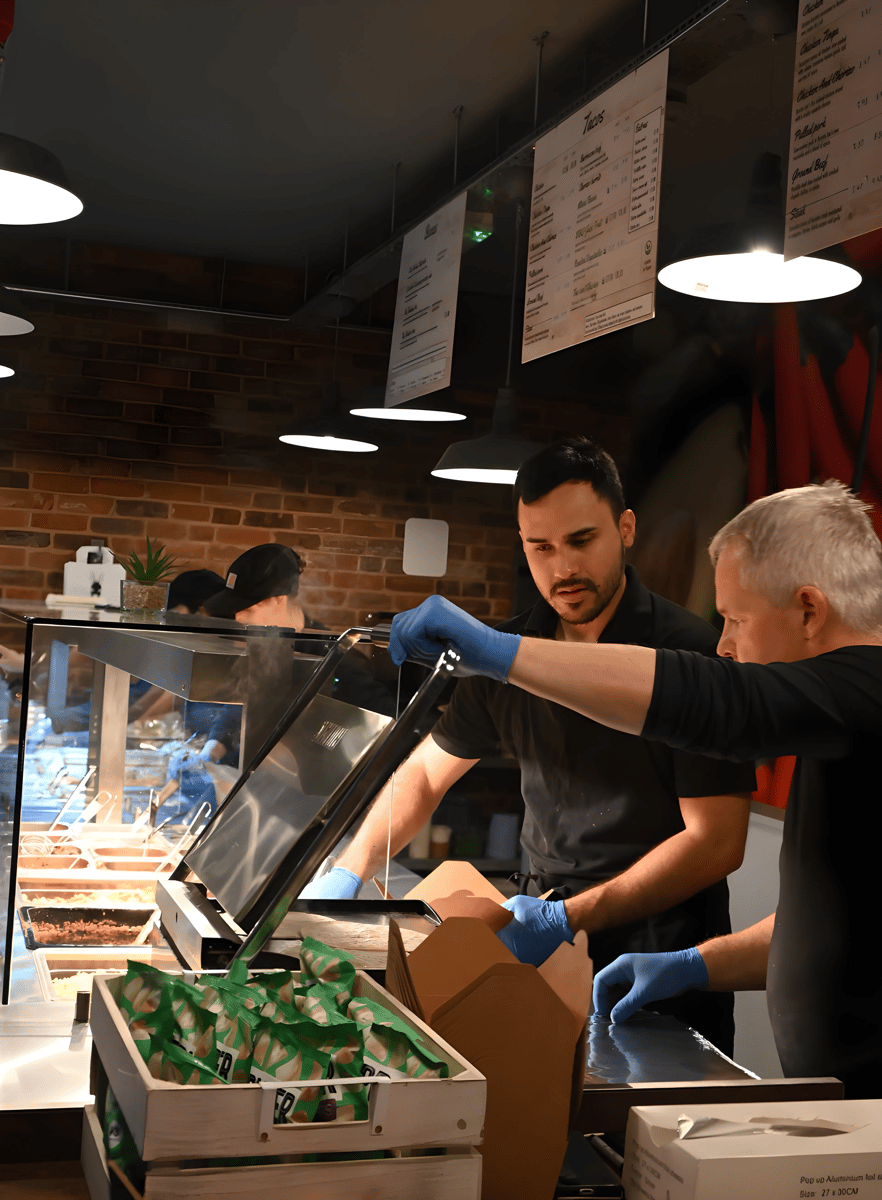 Staff members serving guests at a buffet station with freshly prepared food.