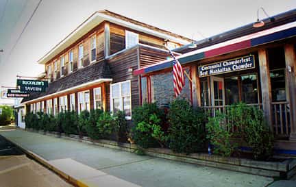 building with an american flag