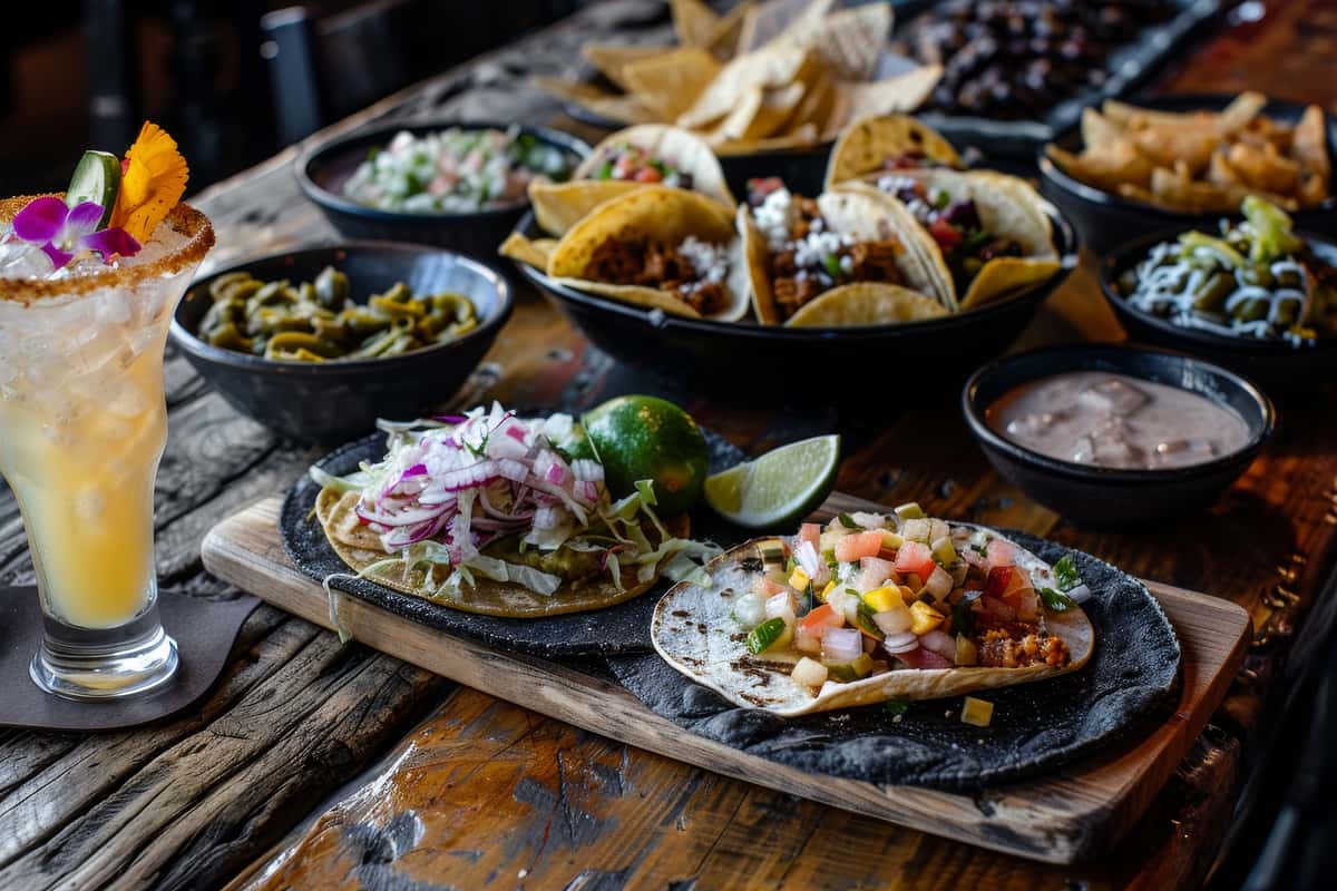 A rustic wooden table overflowing with New American appetizers and drinks, featuring a large, ornate craft cocktail and several types of gourmet tacos