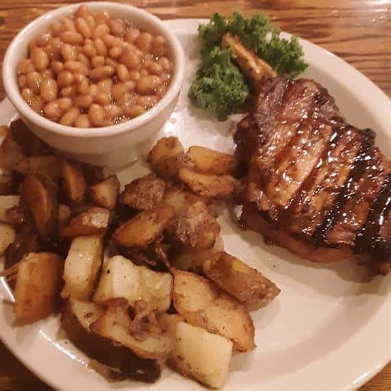pork chop, potatoes, beans