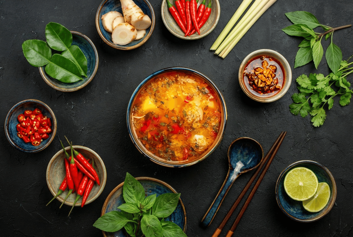 Upscale elegant Thai food with ingredients surrounding bowl