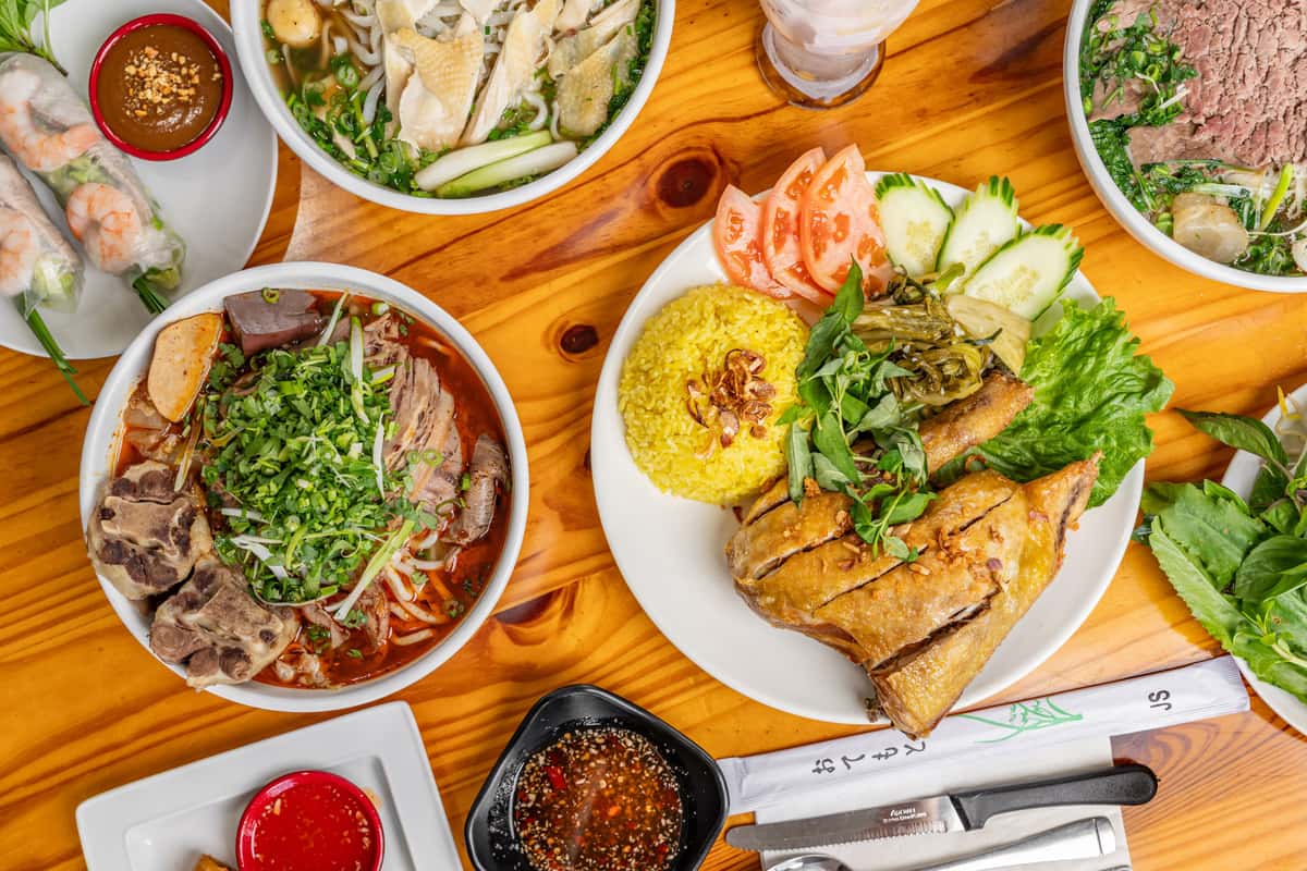 Spread of Asian Cuisine in overhead view
