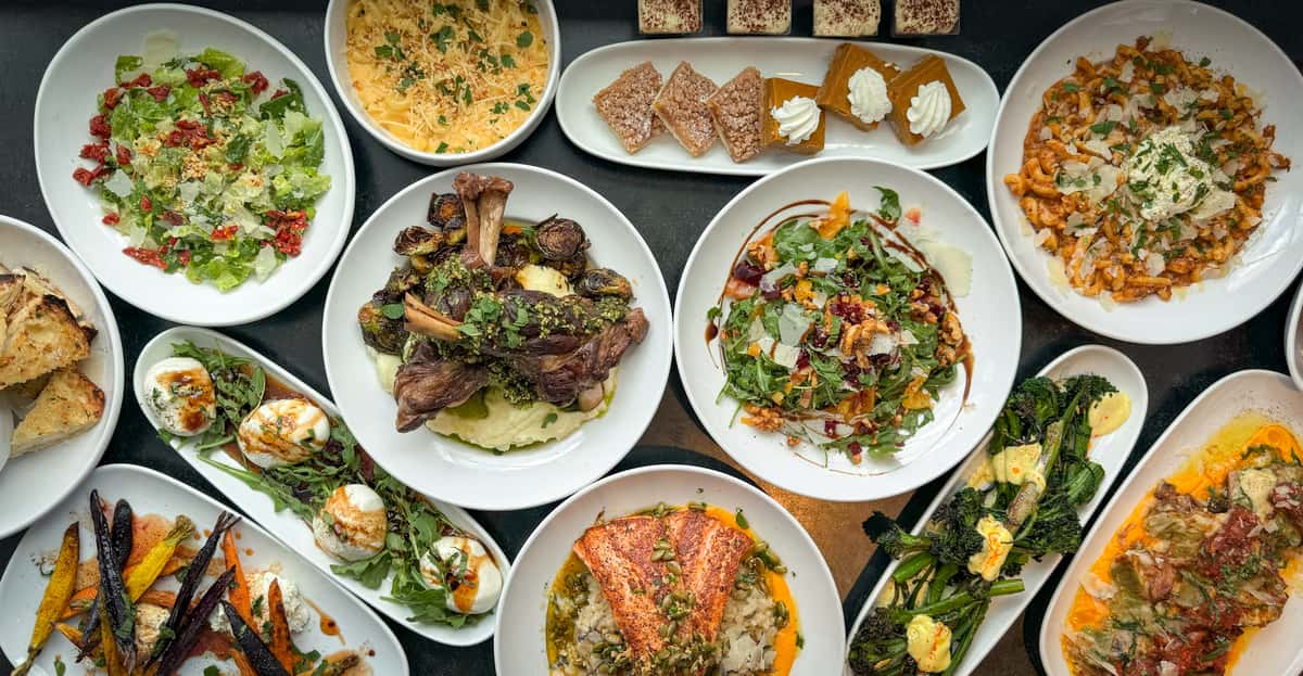 Thanksgiving 2024 Food Items - braised lamb shank, golden beets & arugula salad, seared salmon, burrata, mac 'n cheese, assorted sweets.