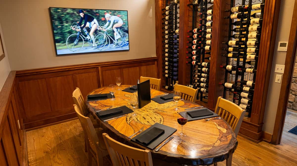 A private dining room with a large wooden table set for six, surrounded by light wood chairs. A floor-to-ceiling wine rack lines one wall, and a large TV displaying two women on bicycles is mounted on another wall.