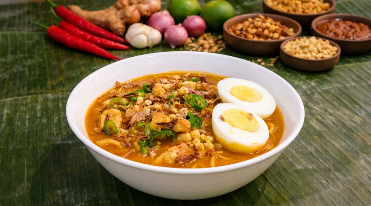 A bowl of orange noodle soup with chicken, green chilies, and two hard-boiled egg halves, with spices in the background.