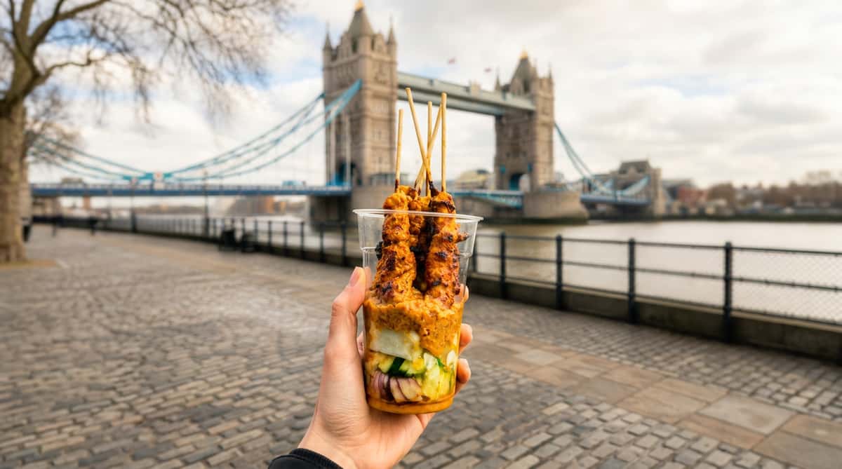 Hand holding a clear cup with satay skewers, peanut sauce, and cucumber salad, with Tower Bridge in the background.