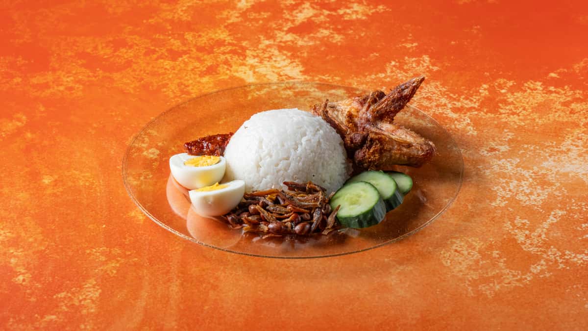 Traditional nasi lemak with coconut rice, sambal, fried chicken wing, boiled egg, anchovies, peanuts, and fresh cucumber slices.